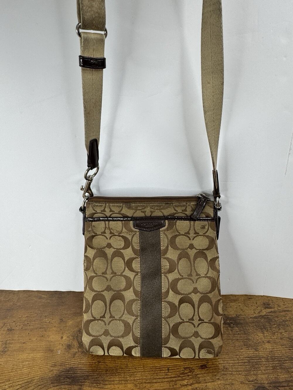 Coach F51157 Signature Stripe North South Swingpack Khaki Mahogany Crossbody